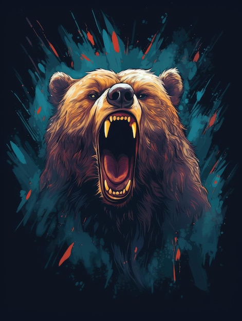 An angry grizzly's face with a mouth open Print for Tshirts Generative AI