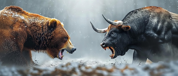 Photo angry hornless bear and bull with small horns