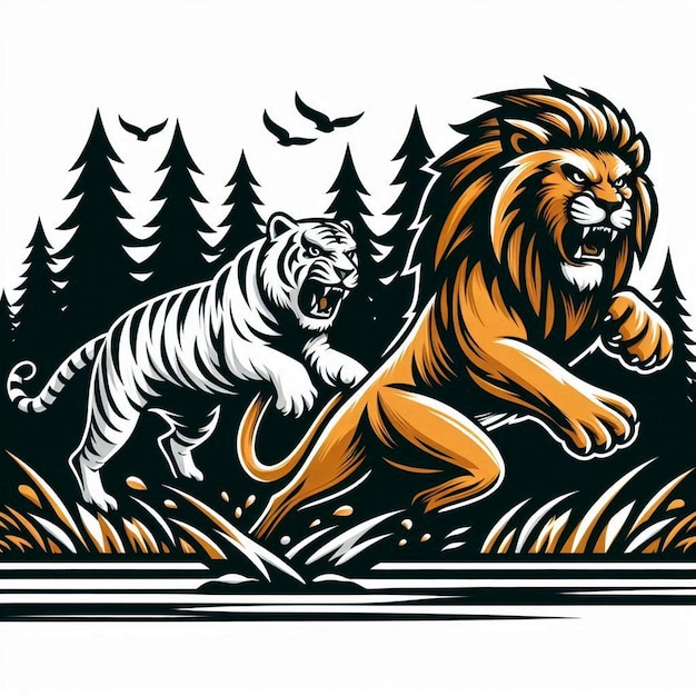 angry hunter tiger and lion hunting mode forest background image vector graphic design illustrations