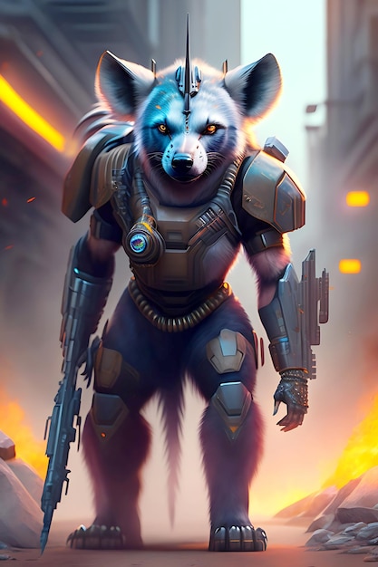 An angry Hyena cyberpunk standing on an alone strait holding weapon warrior look