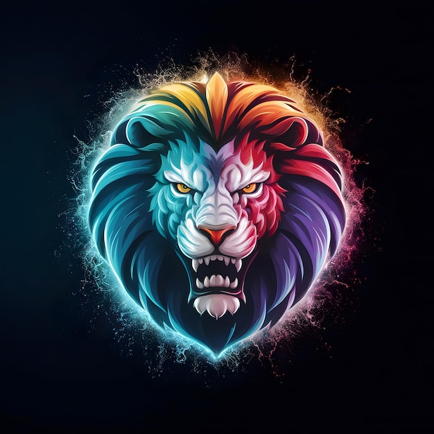 Angry Lion Face Logo With Vibrant Colors and Black Background For Gaming Generative AI