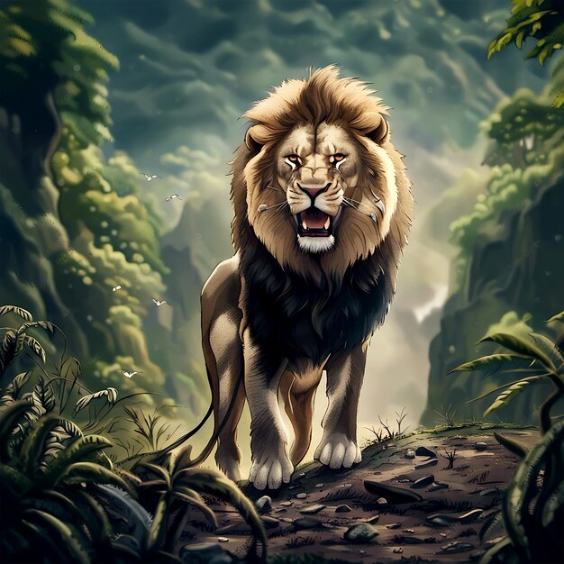 Angry lion the jungle king standing alone on a forest