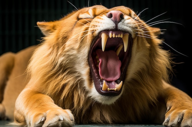 an angry lion yawning with its mouth open