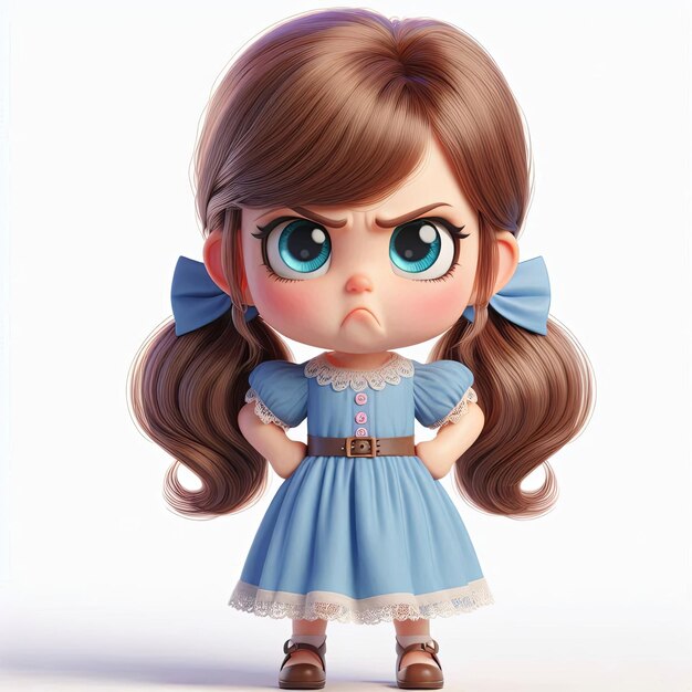 Photo angry little girl in blue dress cartoon 3d