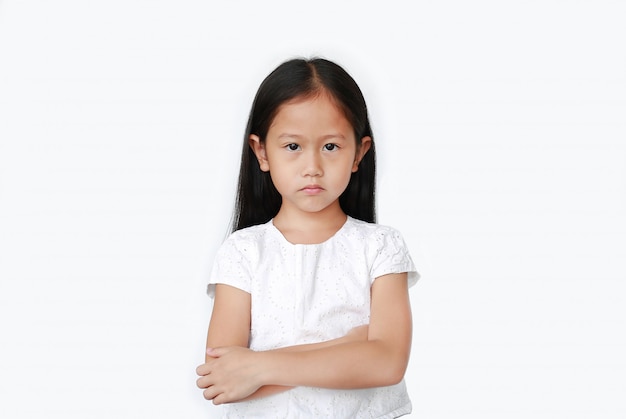 Angry little girl show frustration and disagreement face with expression cross one's arm on white