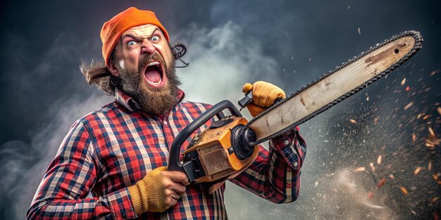 Photo angry lumberjack with chainsaw causing damage