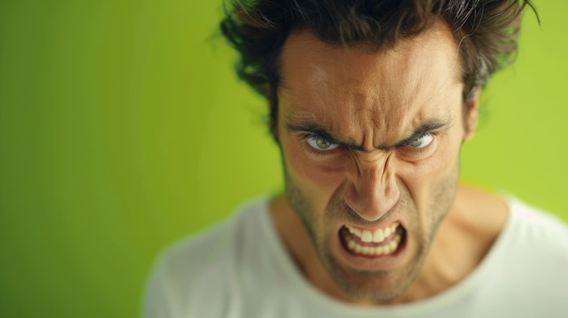 Photo angry man portrait on green background for emotional expression generative ai