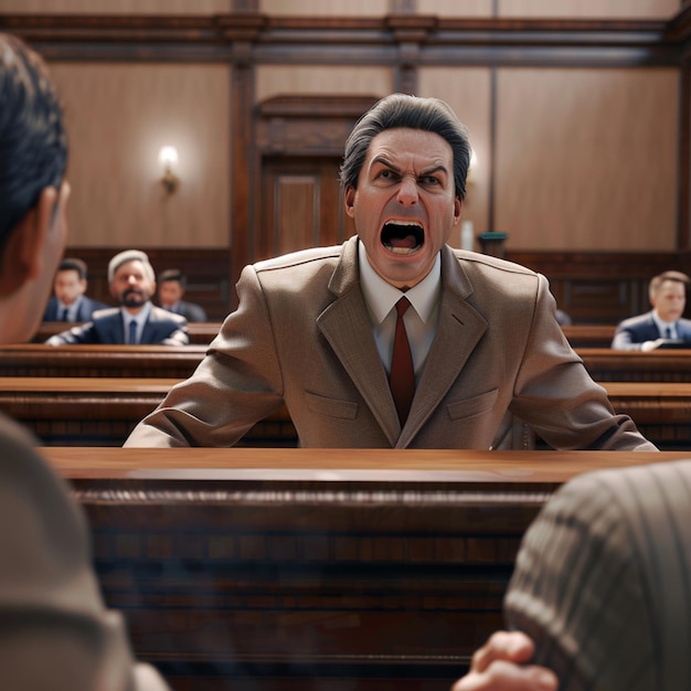 Photo angry man shouting at his colleague during meeting in courtroom lawyer concept a lawyer arguing in a