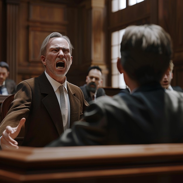 Photo angry man shouting at his colleague during meeting in courtroom lawyer concept a lawyer arguing in a