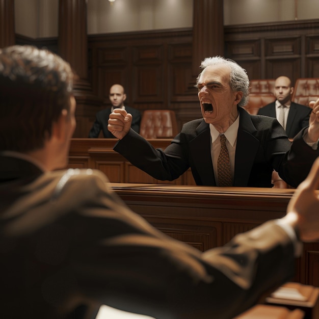 Photo angry man shouting at his colleague during meeting in courtroom lawyer concept a lawyer arguing in a