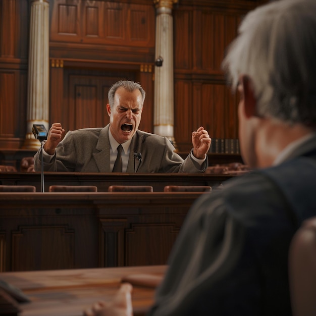 Photo angry man shouting at his colleague during meeting in courtroom lawyer concept a lawyer arguing in a