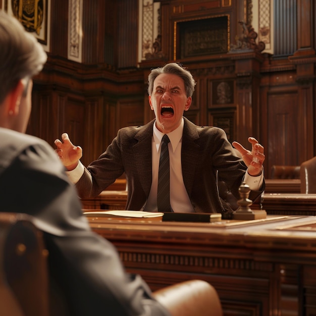 Photo angry man shouting at his colleague during meeting in courtroom lawyer concept a lawyer arguing in a