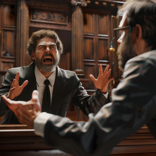 Angry man shouting at his colleague during meeting in courtroom Lawyer concept A lawyer arguing in a