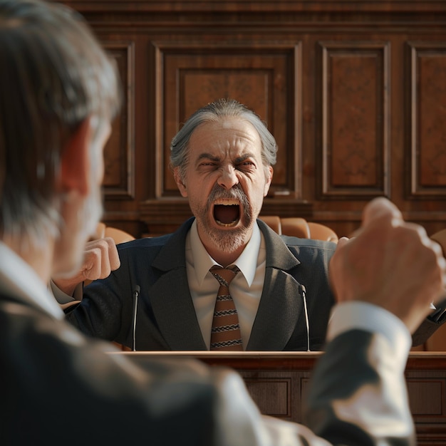 Photo angry man shouting at his colleague during meeting in courtroom lawyer concept a lawyer arguing in a