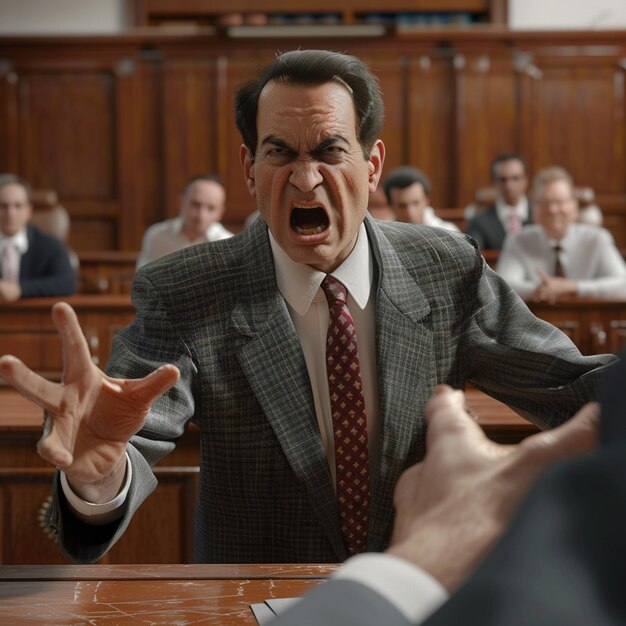 Photo angry man shouting at his colleague during meeting in courtroom lawyer concept a lawyer arguing in a