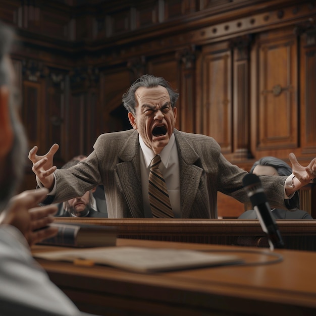 Photo angry man shouting at his colleague during meeting in courtroom lawyer concept a lawyer arguing in a