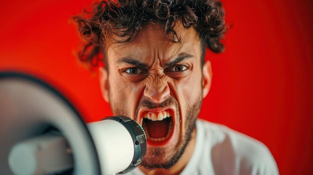 Photo angry man shouting into loudspeaker aggressive communication public address system announcement