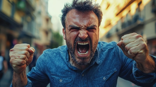 Angry man shouting with clenched fists in city street