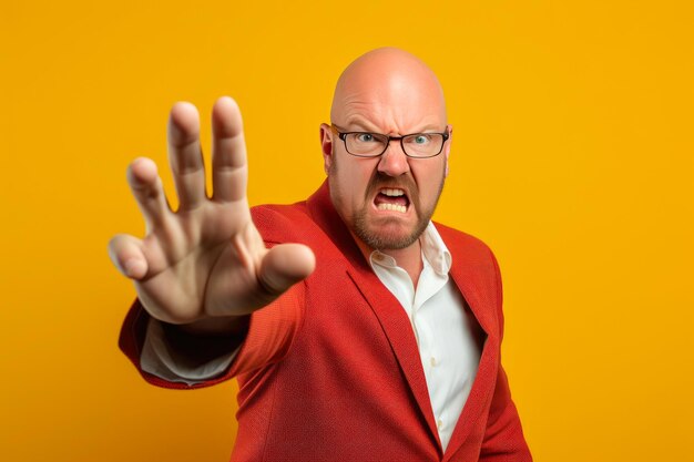 Photo angry man signaling halt against color backdrop