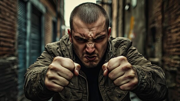 Photo angry man with clenched fists in an alley expressing frustration and intensity