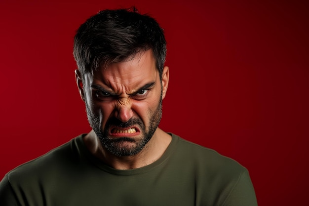 Photo angry man with intense facial expression against a red background