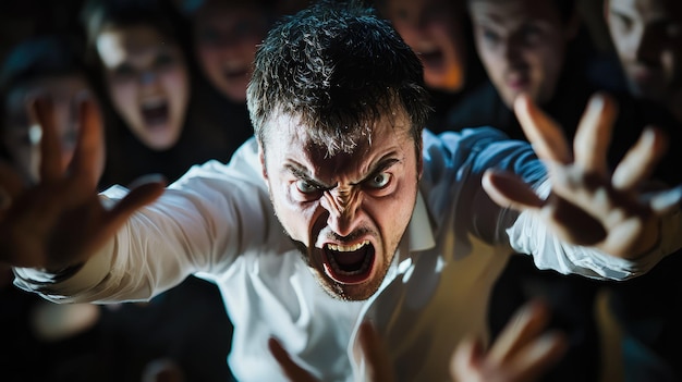 Angry man yelling at group of people expressing intense emotions