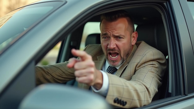 Photo angry man yelling while driving in city traffic