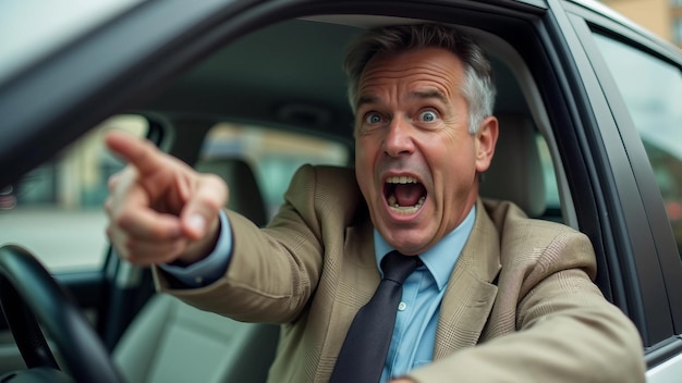 Photo angry man yelling while driving in city traffic