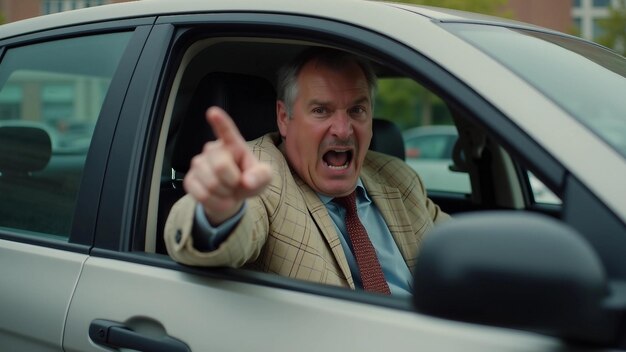 Photo angry man yelling while driving in city traffic