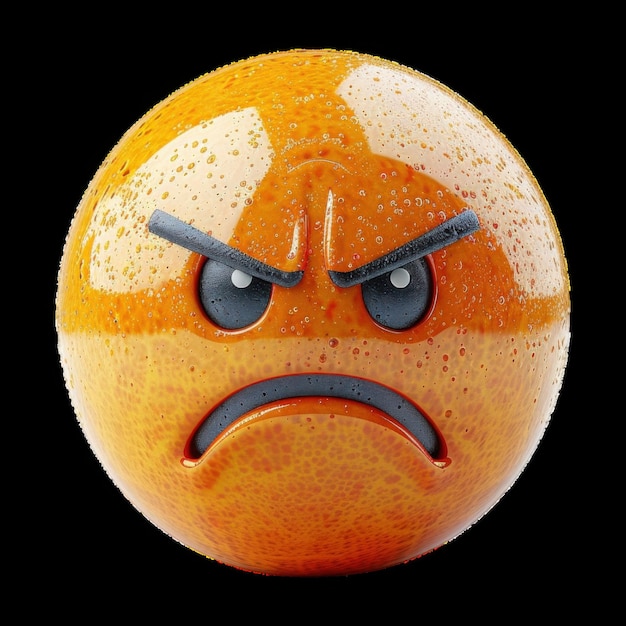 An angry orange with facial expression and moisture droplets