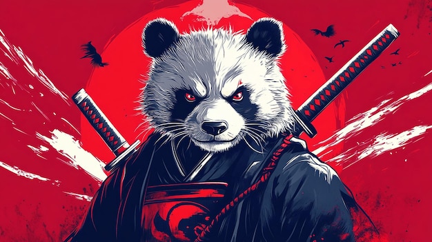 Angry panda samurai vector illustration with red background