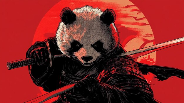 Angry panda samurai vector illustration with red background