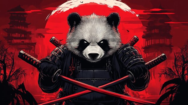 Angry panda samurai vector illustration with red background