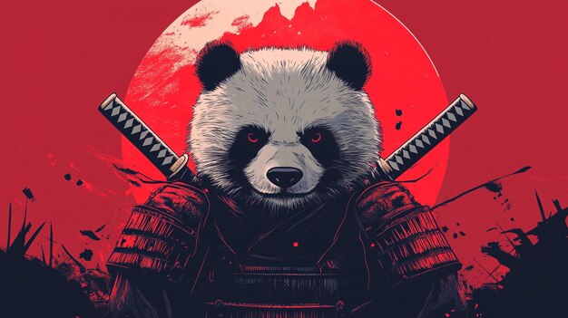 Photo angry panda samurai vector illustration with red background