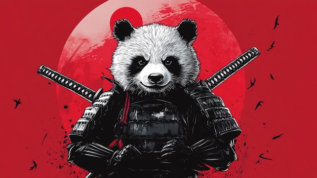 Angry panda samurai vector illustration with red background