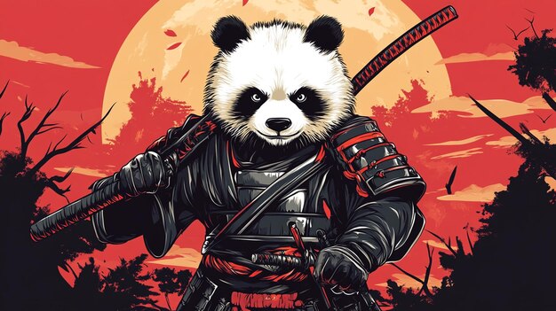 Photo angry panda samurai vector illustration with red background