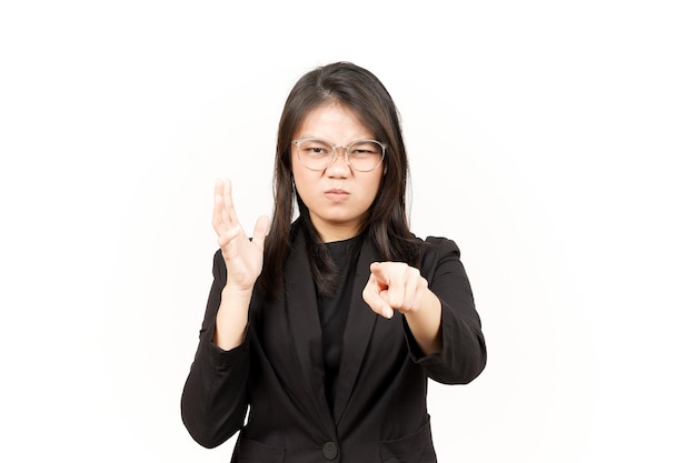 Angry and Pointing to Camera Of Beautiful Asian Woman Wearing Black Blazer Isolated On White