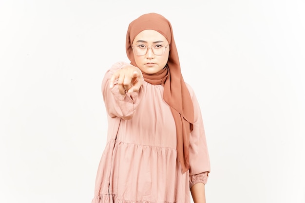 Angry and Pointing at you of Beautiful Asian Woman Wearing Hijab Isolated On White Background