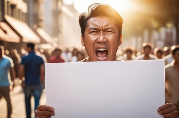 angry protester screaming with blank poster asian activist protesting against rights violation