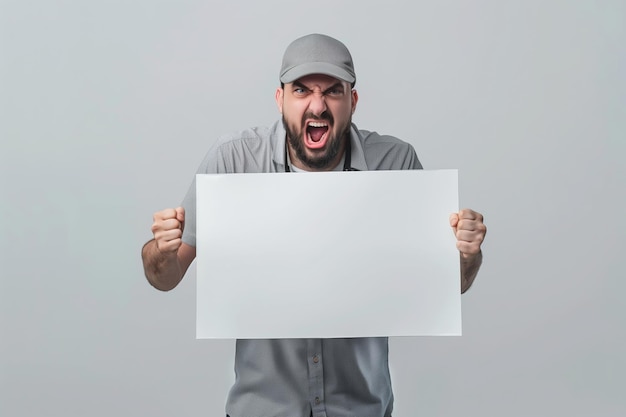 Angry protesting worker with blank protest sign