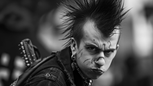 Photo angry punk with a mohawk portrait of a punk man with piercings and tattoos