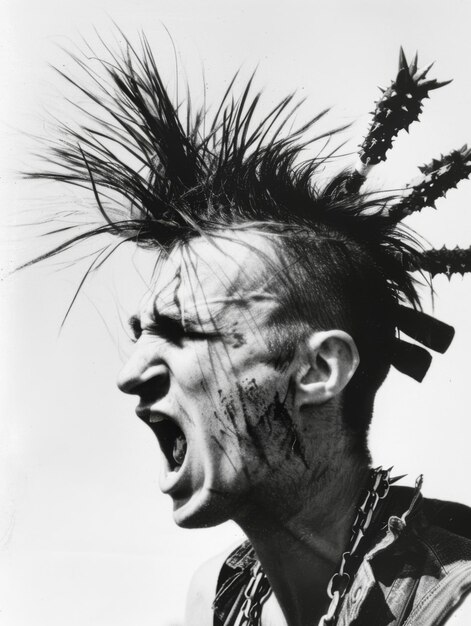 Photo angry punk with a mohawk portrait of a punk man with piercings and tattoos