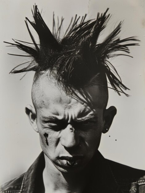 Photo angry punk with a mohawk portrait of a punk man with piercings and tattoos