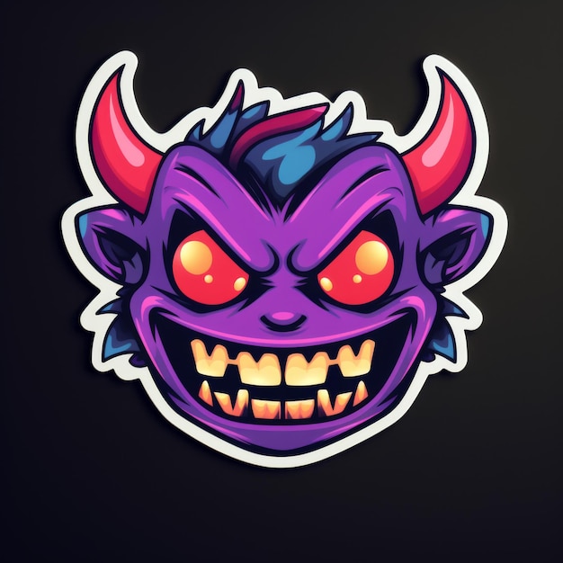 Angry Purple Devil Head with Red Eyes and Horns Cartoon Illustration for Halloween Gaming or Fantasy