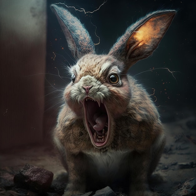 Angry rabbit with mouth open