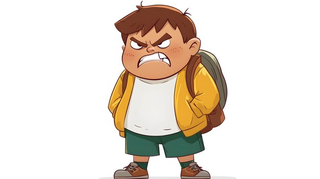 Photo angry schoolboy wearing backpack outdoors with frustrated facial expression