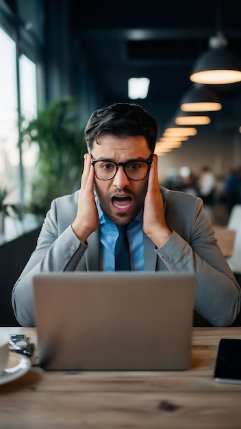 Angry shocked businessman in eyeglasses sitting by the table in cafe while looking at laptop comput