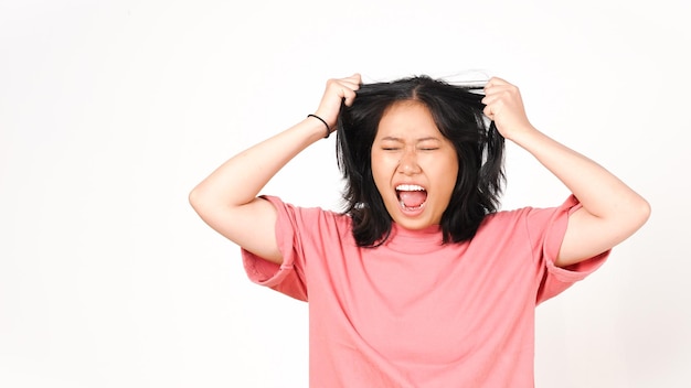 Angry Stressed and Pull Hair Of Beautiful Asian Woman Isolated On White Background