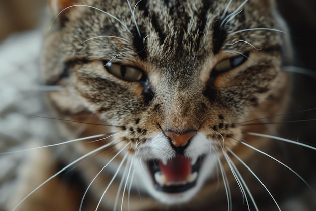 Photo angry tabby cat showing teeth and hissing