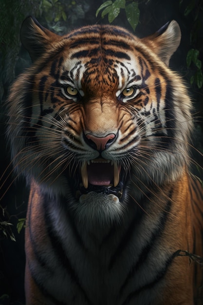 Angry Tiger portrait on jungle background Generative AI